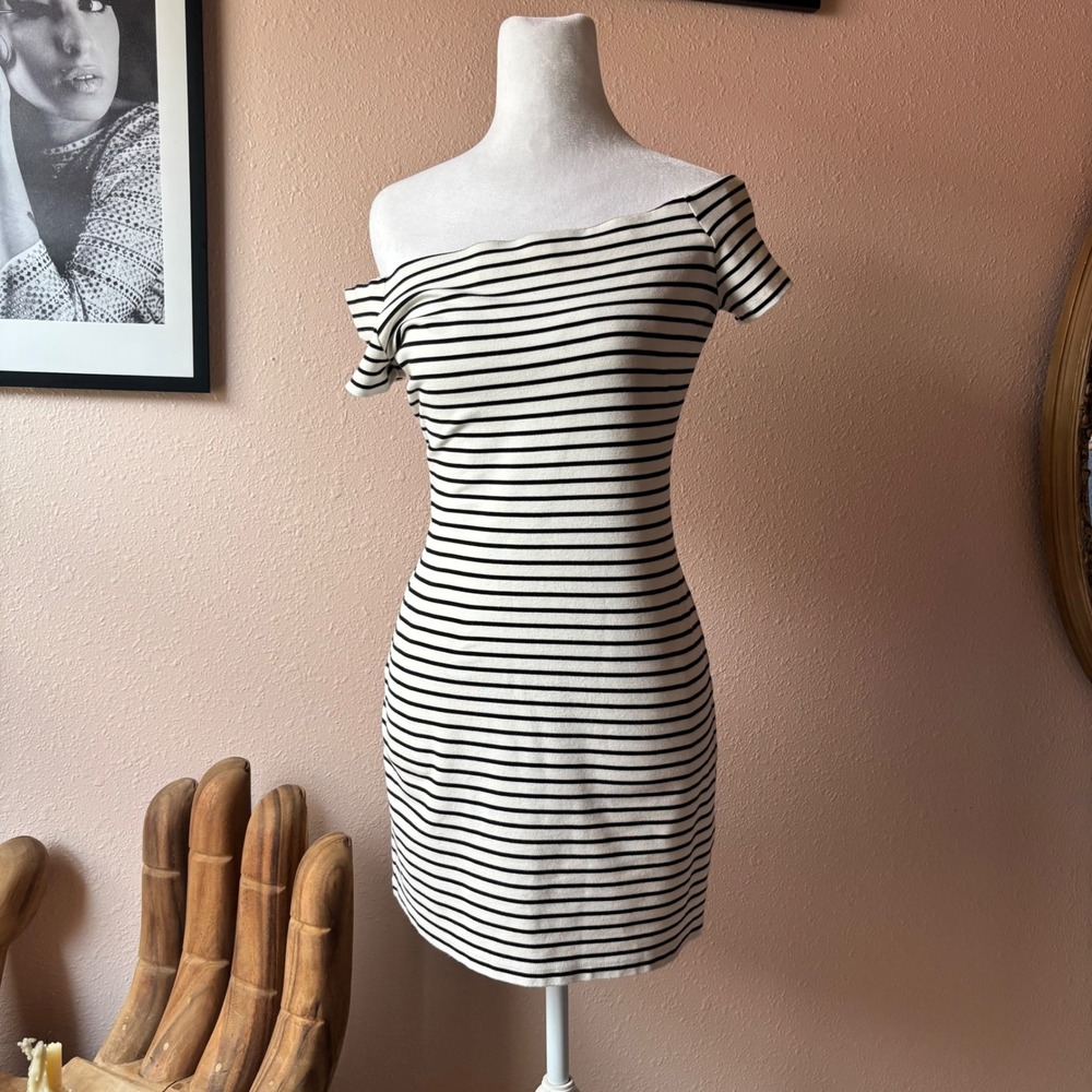 2000s Twee Black and White Striped Off the Shoulder Mini Dress